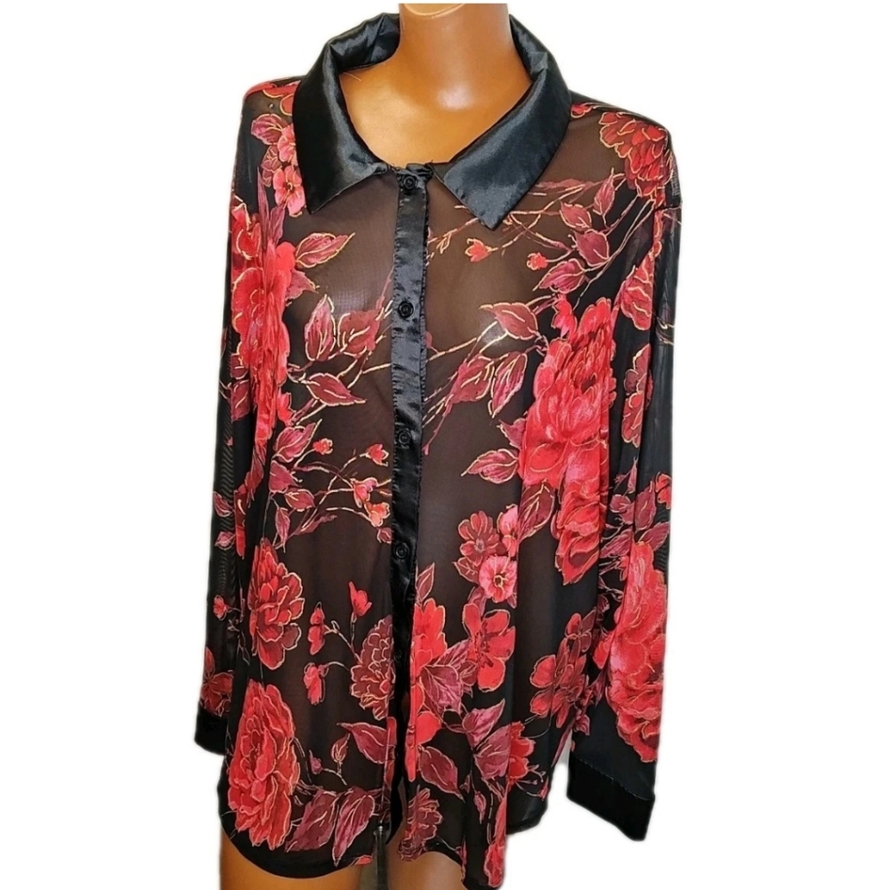 Jolie De Vivre Sheer Mesh Top Woman Plus 3X Black Red Floral Button Satin Trim